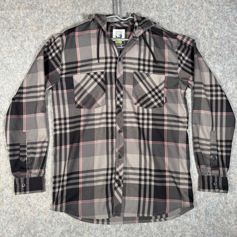 Burton Dryride Hooded Flannel Shirt Mens M Grey Plaid Button Up DISTRESSED READ